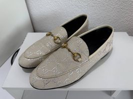 Gucci Jordaan Horsebit Loafer Beige Silber GG Canvas Gr. 39