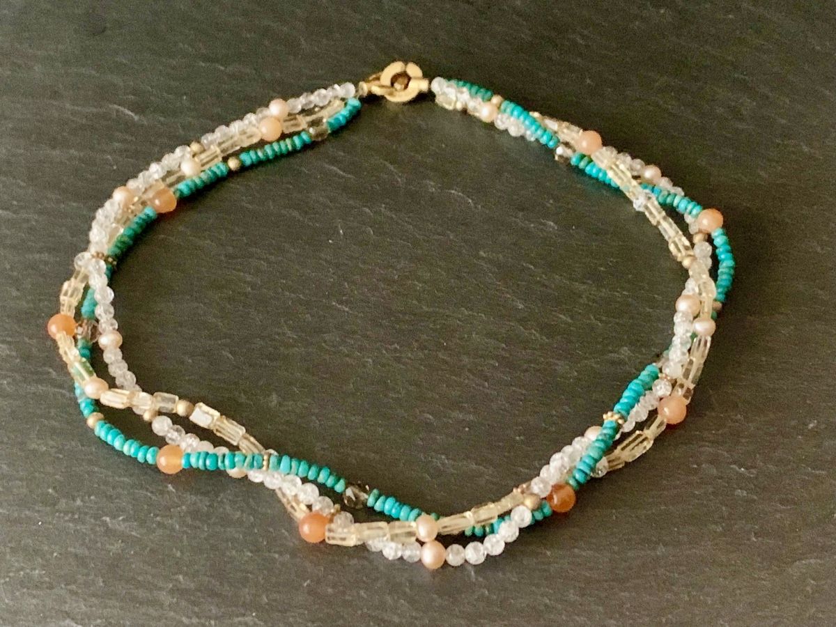 Catenine: Türkis, Citrin & Perlen Halskette Vergoldet – Nuovo e nell'imballaggio originale da Rüschlikon venduto da ThereseJewelryDesign