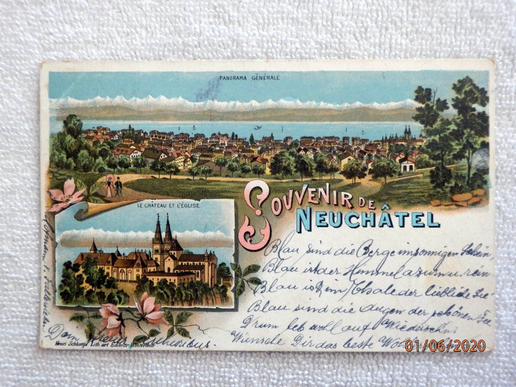 Ansichtskarten: Litho, Souvenir de Neuchatel ohne Marke – Gebraucht aus Ueberstorf von dinbau 9
