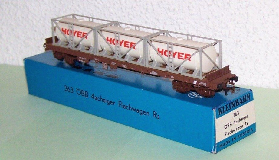 Kleinbahn Modellini di ferrovie: Kleinbahn H0 363: Flachwagen Rs, ÖBB mit 3 Hoyer Container – Usato da Brüttisellen venduto da Rentner44zh 2
