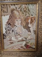 Gesticktes Bild - betendes Kind mit Hund