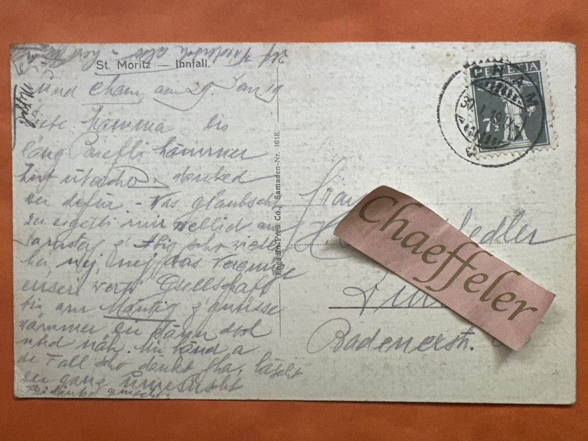 Ansichtskarten: 1919 St. Moritz Innfall mit Beschriftung  – Gebraucht aus Zürich von Chaeffeler 1