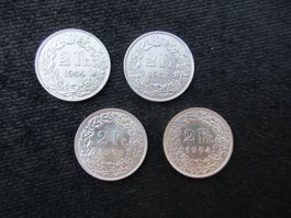 4 Schweizer SILBER Zweifränkler 1944,1958,1963,1964