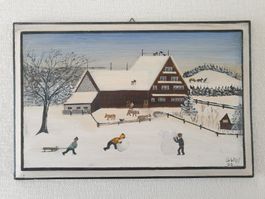 Bauernmalerei Landschaft Bauernhaus Winter signiert G. Wipf