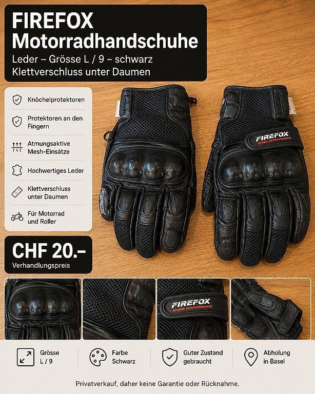 Handschuhe & Handstulpen: FIREFOX Motorradhandschuhe  Leder  Grösse L / 9 – Gebraucht aus Basel von Furnitina
