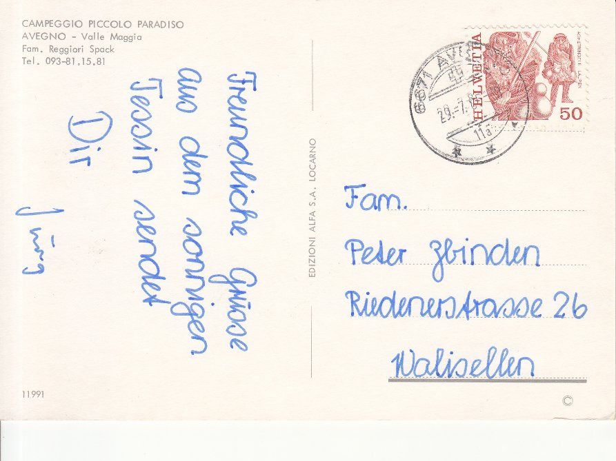 Cartoline postali: Avegno Camping 1985 – Usato da Bürglen TG venduto da StampGraf 1