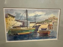Original Watercolor Painting - Boats in Harbor Scene Framed