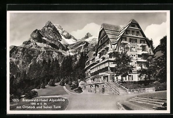 Cartoline postali: Braunwald, Hotel Alpenblick mit Ortstock – Usato da Berlin venduto da bartko-reher