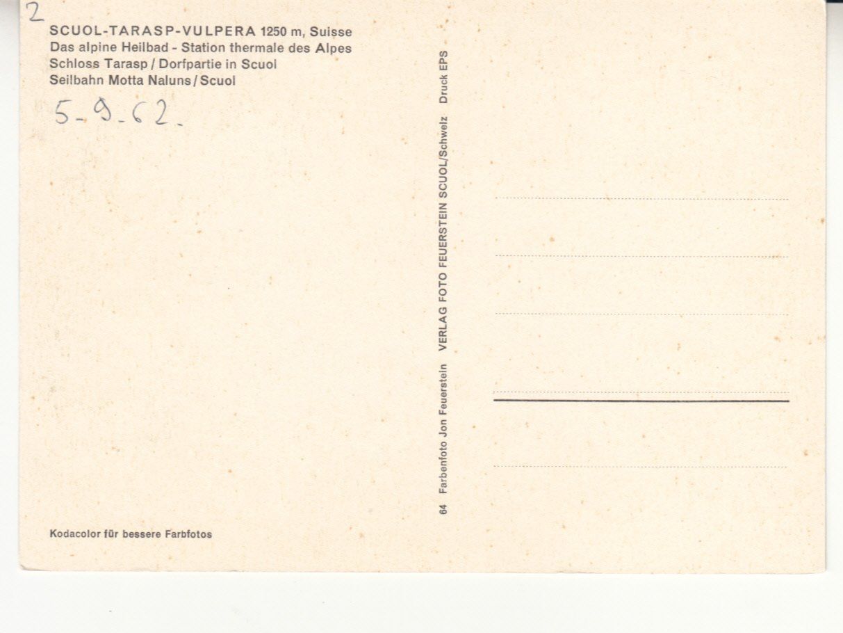 Cartoline postali: Scuol Tarasp Vulpera 1962 – Usato da Bürglen TG venduto da StampGraf 1