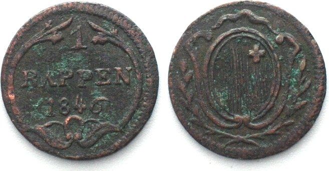 Tutti le monete: SCHWYZ 1 Rappen 1846 Kupfer ss+ – Usato da Riehen venduto da sesambestcoins2004