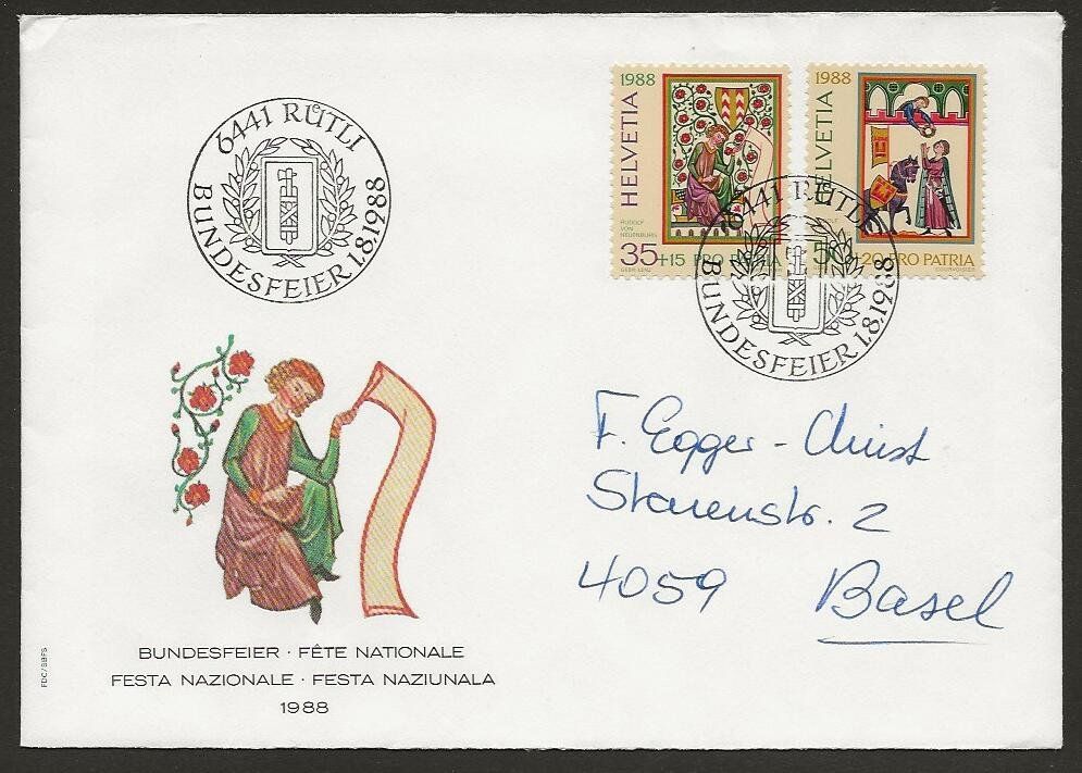 Tutti i francobolli: 1988   Brief Bundesfeier, 1. August,  RÜTLI – Usato da Arlesheim venduto da kuhnphila