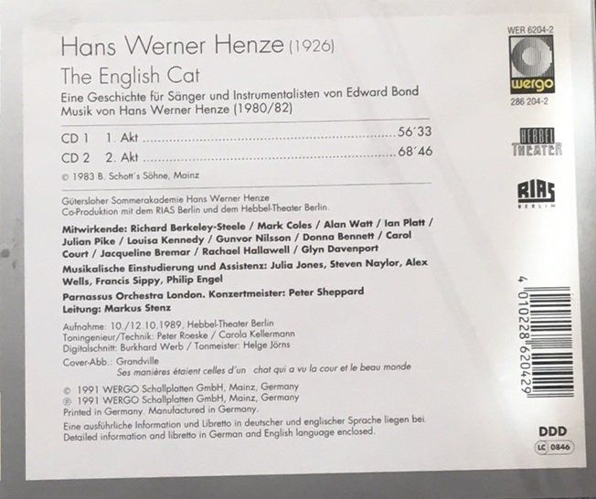 CD: Hans Werner Henze - The English Cat – Usato da Grüningen venduto da azulamarillo 1
