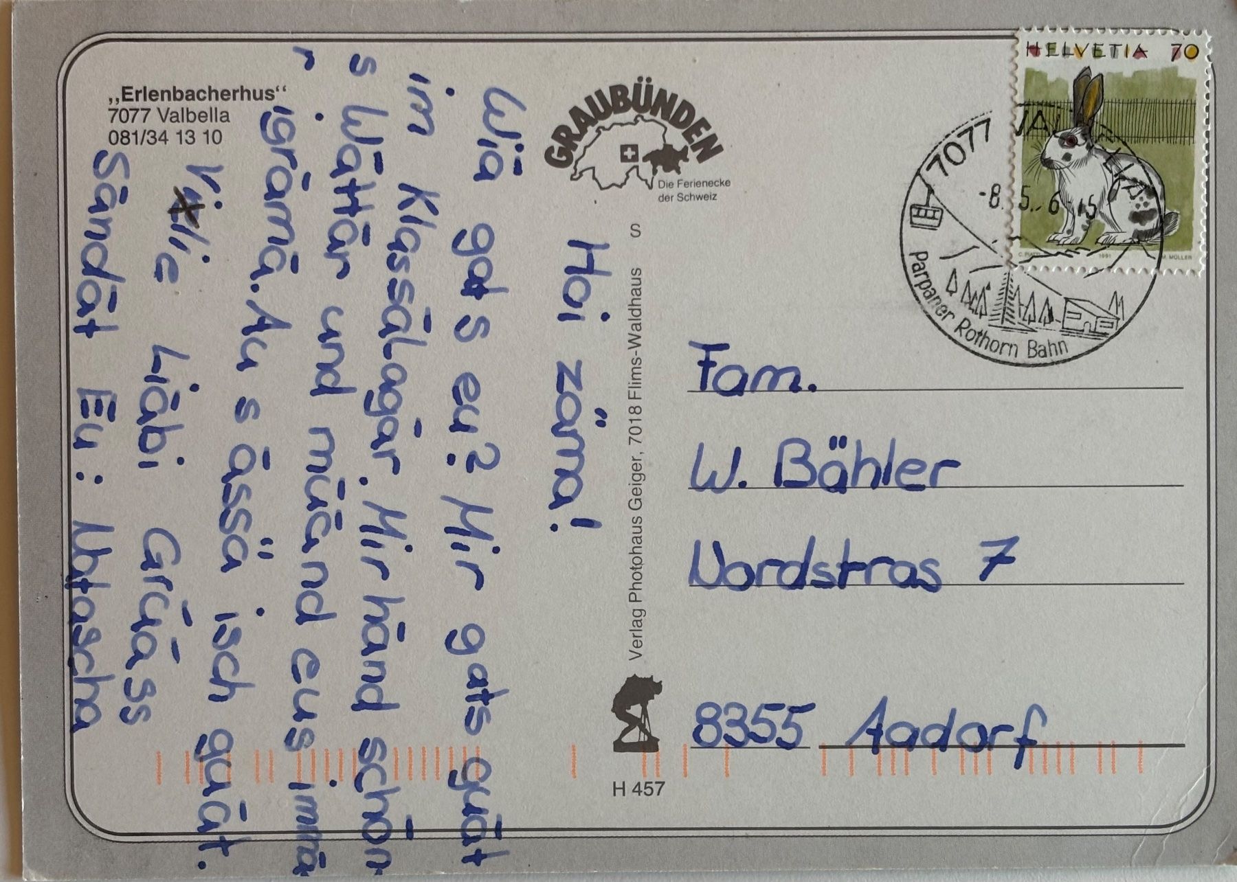 Cartoline postali: Gruss aus Erlenbacherhus, Valbella - Lenzerheide – Usato da Frauenfeld venduto da Merk52 1