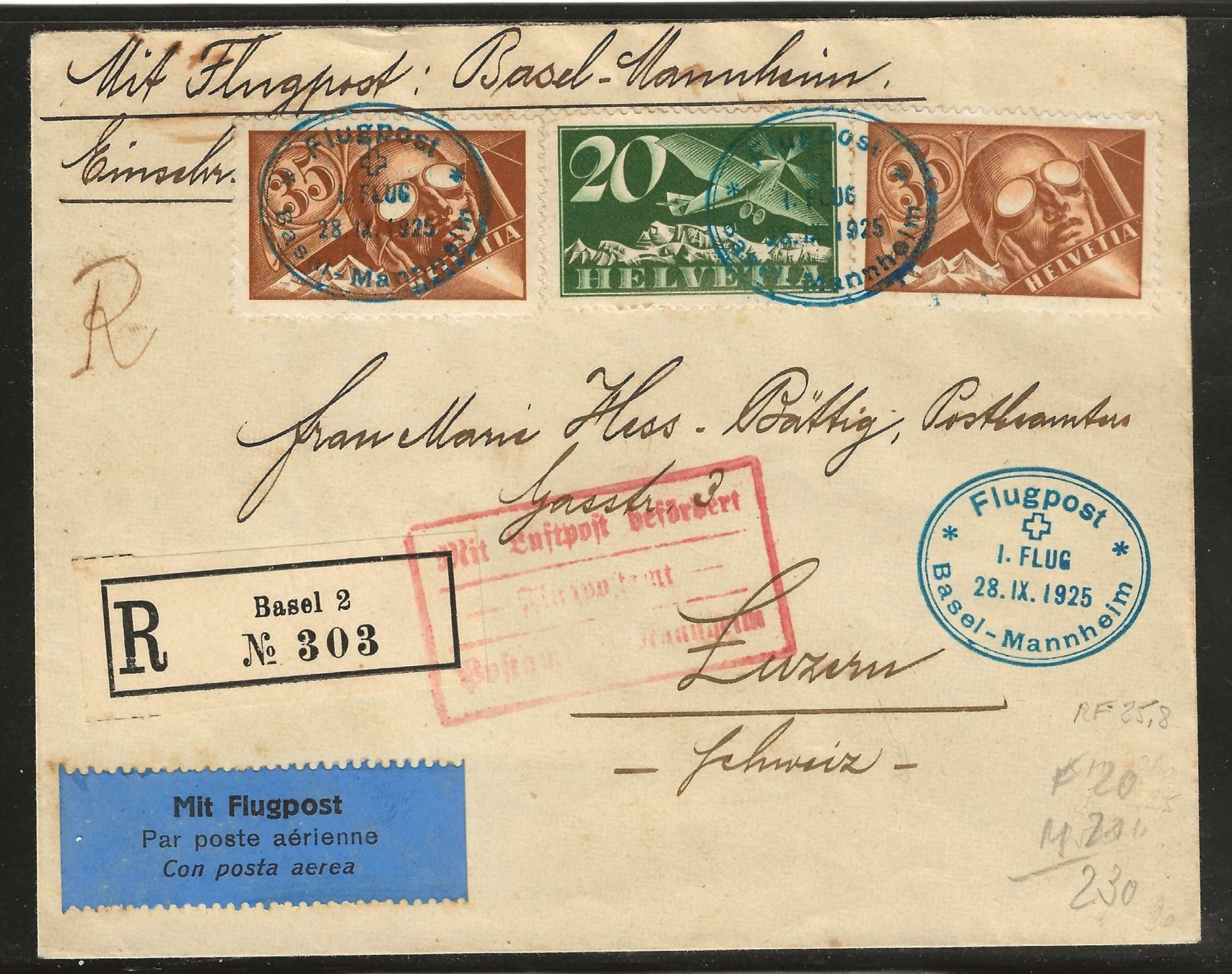 Alle Briefmarken: 1925 : Erstflug Basel -  Mannheim auf R-Brief, KP 230.-- – Gebraucht aus Gümligen von Geniusbuy