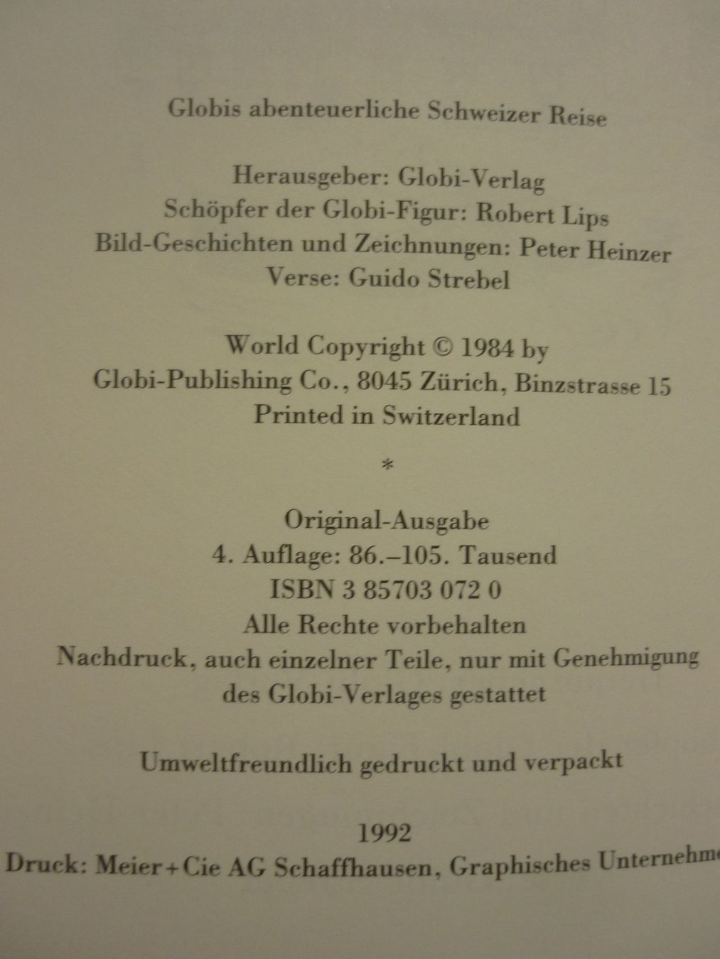 Bücher: Globis abenteuerliche Schweizer Reise - 1992, unbemalt! – Gebraucht aus Maienfeld von John13 1