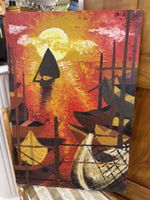 Tolles Ölbild „Schiffe im Hafen/Sonnenuntergang“ W. Merkofer