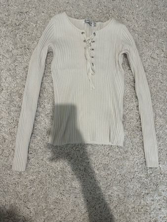 Cream Ribbed Lace-Up Long Sleeve Top Size S-M