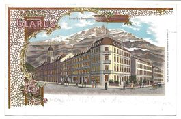 Gruss aus Glarus - Stadt - Bahnhof - Burgstrasse Litho 1900
