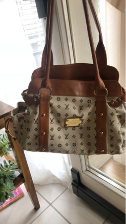 LV monogram canvas handbag tan leather trim