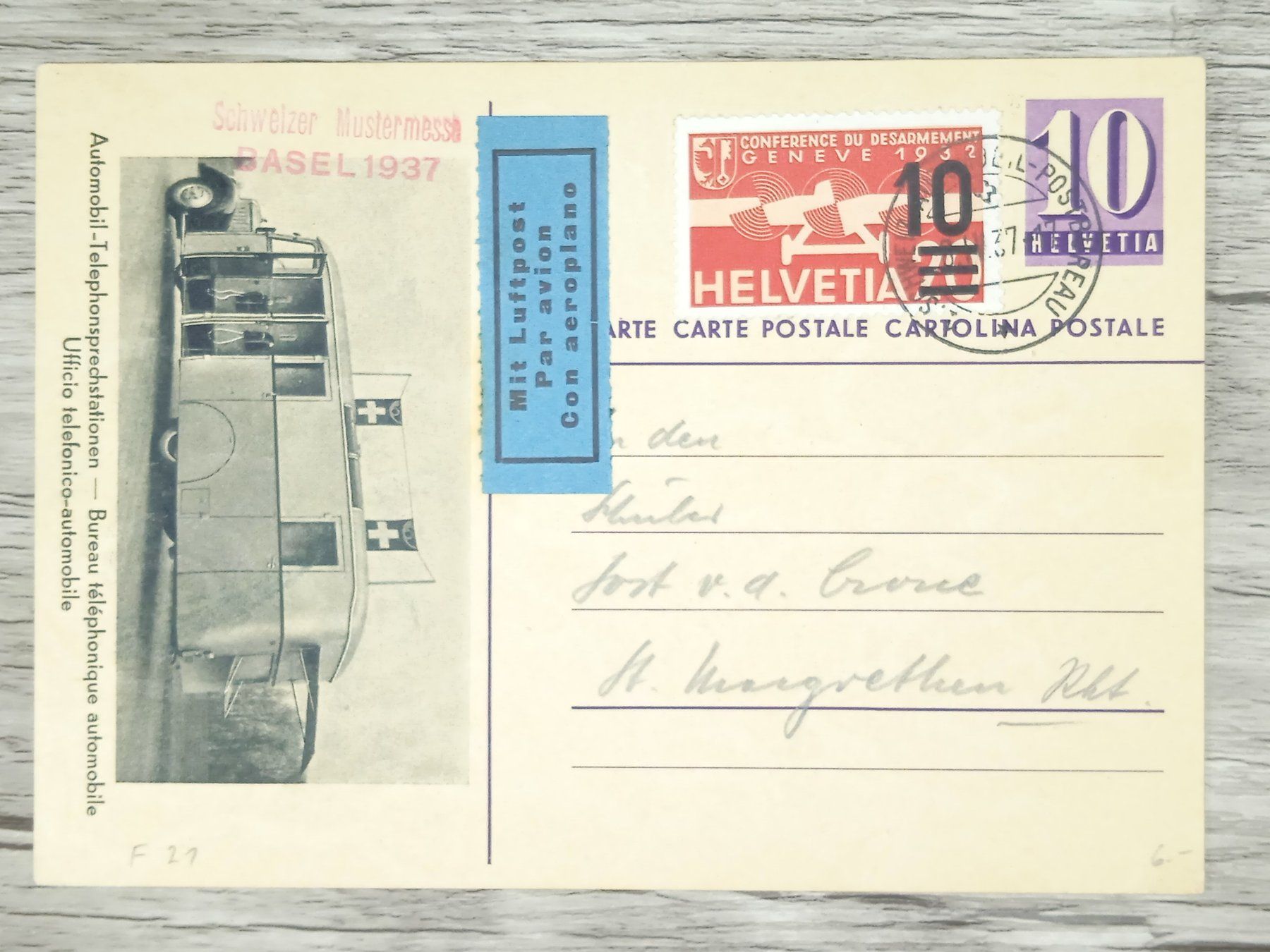 Tutti i francobolli: TR15 Carte Postale + Timbre Suisse 1937 – Usato da Cousset venduto da Patrick_Collections