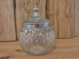 Glas Dose mit Metalldeckel verziert, neu