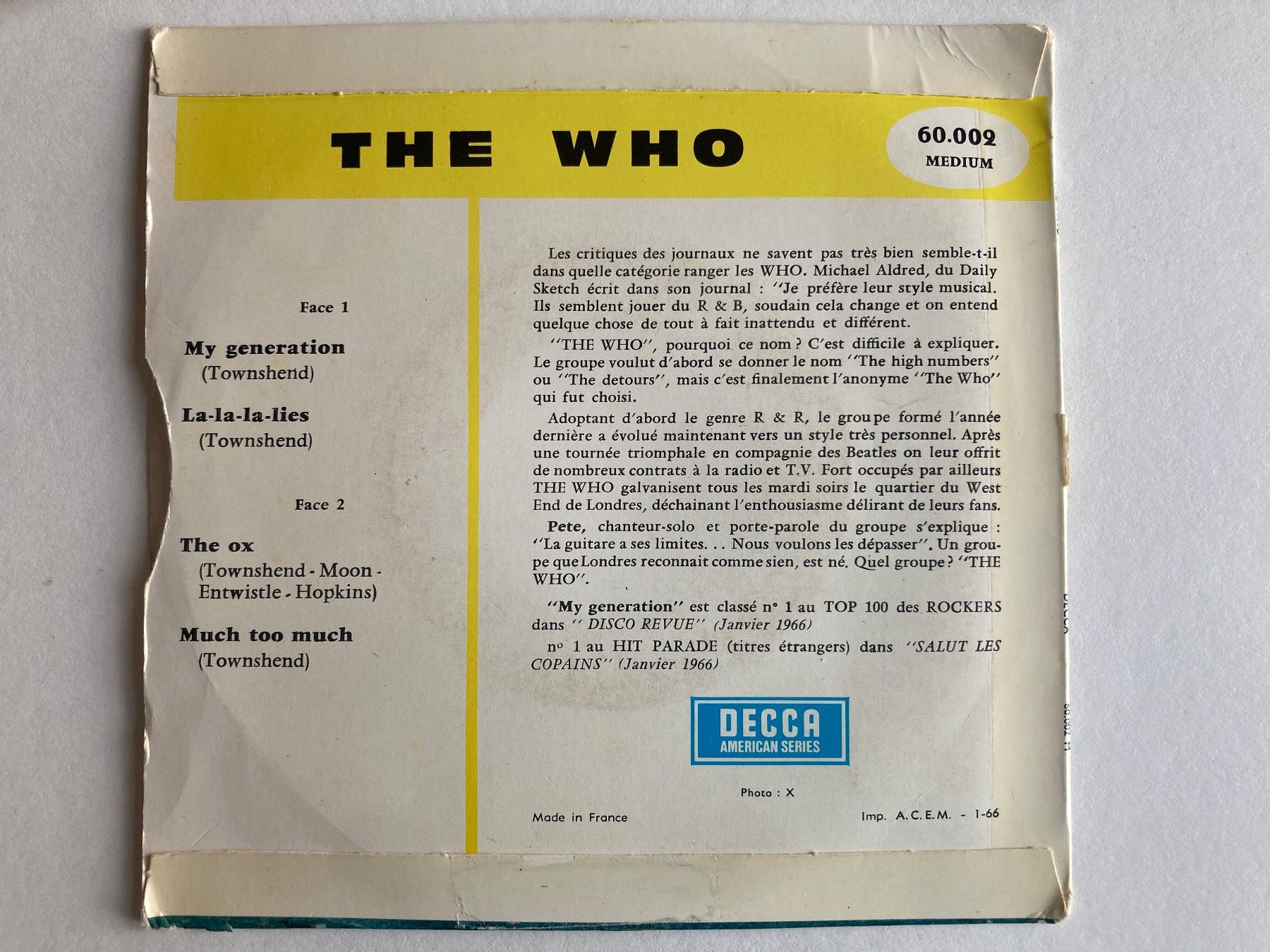 Dischi in vinile: THE WHO, MY GENERATION, SINGLE, ROCK, 1965 – Usato da Thun venduto da estrol 2