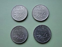 4x 1/2 Franc (50 centimes) France 1970, 1972, 1973, 1974