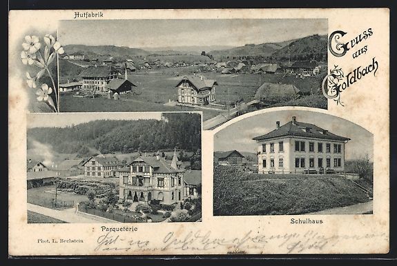 Cartoline postali: Goldbach, Parqueterie, Schulhaus, Hutfab – Usato da Berlin venduto da bartko-reher
