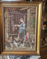 Gobelin Bild Bauernszene mit Kindern und Hühnern gebraucht