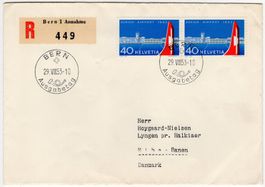 40 Rp. Kloten Mehrfachfrankatur auf Chargé-FDC nach DÄNEMARK