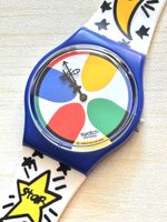 Swatch Uhr Quartz mit bunten Zifferblatt und Motivarmband