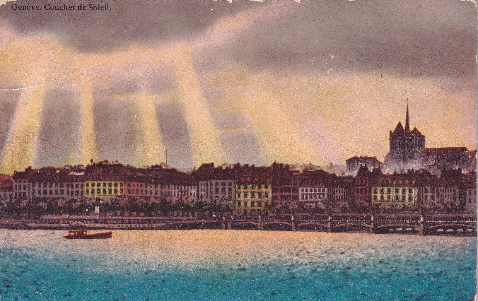 Cartoline postali: Genève coucher de soleil  1917 – Difettoso da Cormoret venduto da Pascalll2001