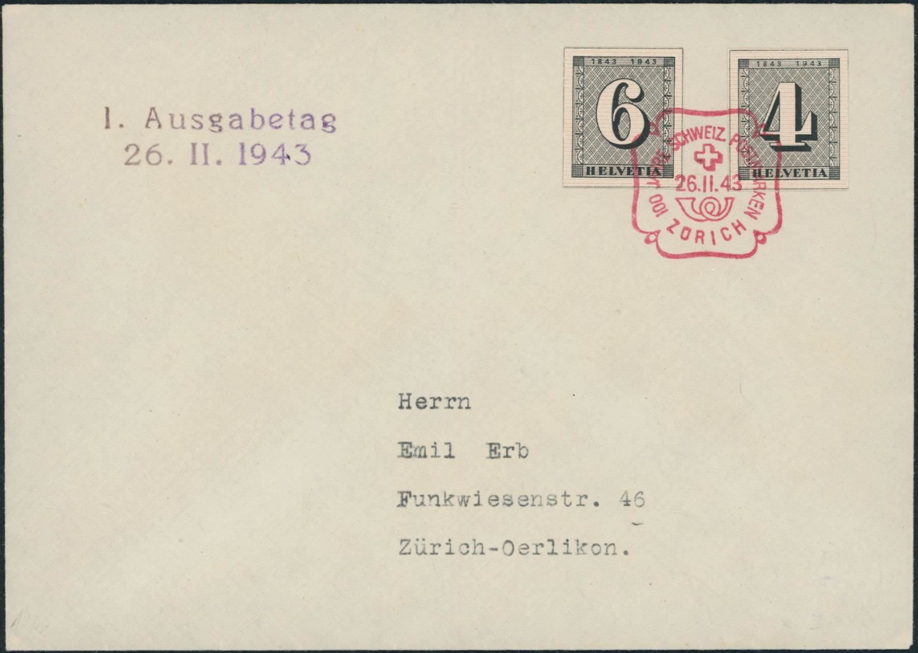 Tutti i francobolli: 1943  Zürich Klein  Blockausschnitt  FDC – Usato da Schindellegi venduto da leecollect