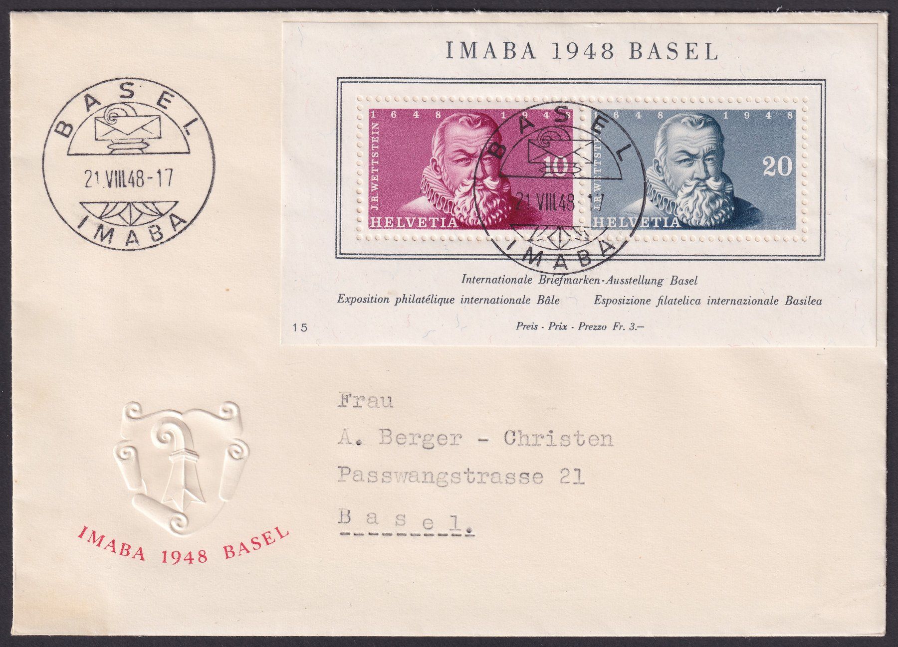 Tutti i francobolli: W31 FDC, IMABA Block Basel 1948, Kat: 120.- – Usato da Ebikon venduto da SilvioFreund
