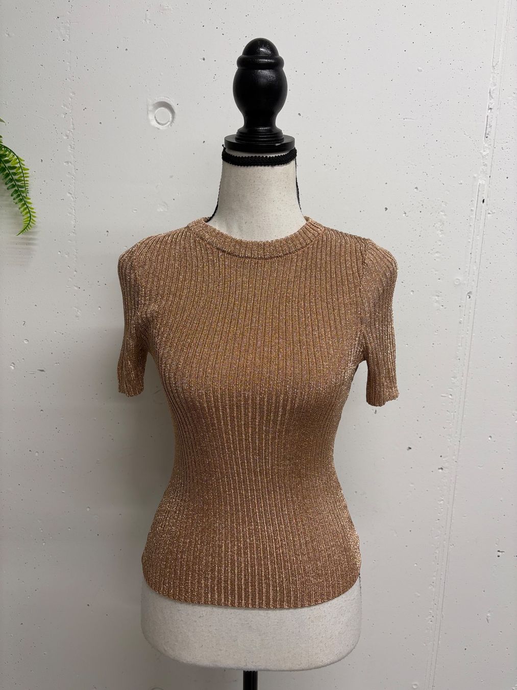 H&M T-shirts: H&M Feinstrick Shirt Pullover XS kurzarm Glitzer beige – Neuf (Voir description) à Regensdorf par secondchancefashion