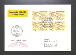 1949 Flugpost Viererblock F45 ST. GALLEN - La Chaux-de-Fonds