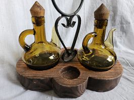 Ensemble huilier vinaigre vintage verre bois fer forgé vinta