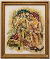 Olio su tela con tecnica sgraffito Two Women-Consoling Nudes