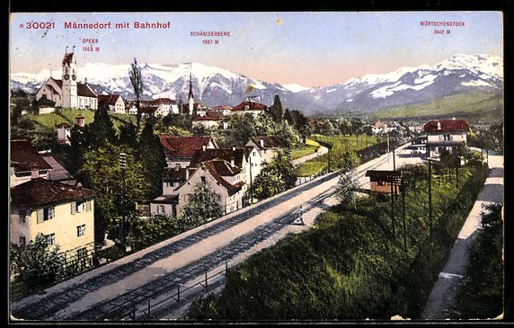 Cartes postales: AK Männedorf, Ortsansicht mit Bahnhof – D'occasion à Berlin par bartko-reher