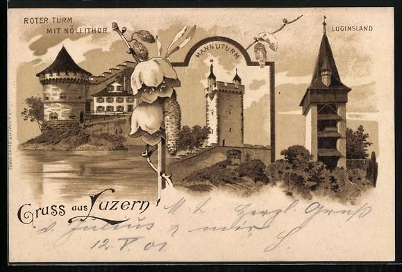 Cartoline postali: Litho Luzern, Roter Turm mit Nöllithor, – Usato da Berlin venduto da bartko-reher