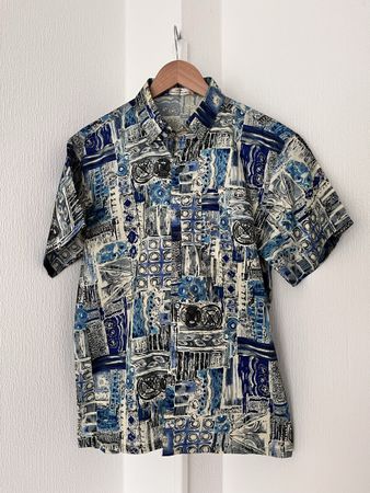 Short Sleeve Shirt Thai Silk Blue Pattern Size M