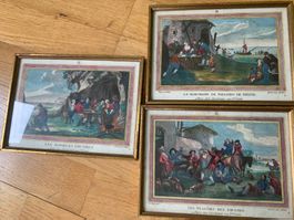 3 antike handcholorierte Stiche Paris Szenen