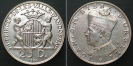 ANDORRA 25 Diners 1984 JOAN BISBE D'URGELL I. Silber unz