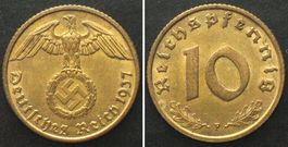DRITTES REICH 10 Pfennig 1937 F, Al-Bro, ERHALTUNG! unz-