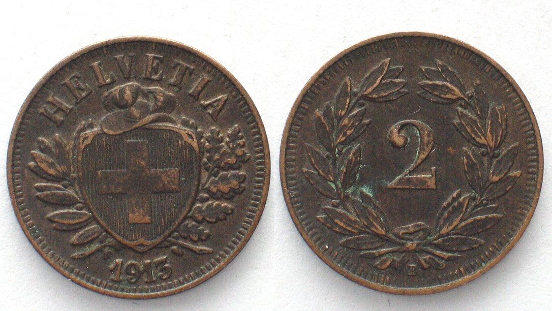 Alle Münzen: SCHWEIZ 2 Rappen 1913, selten! – Gebraucht aus Riehen von sesambestcoins2004