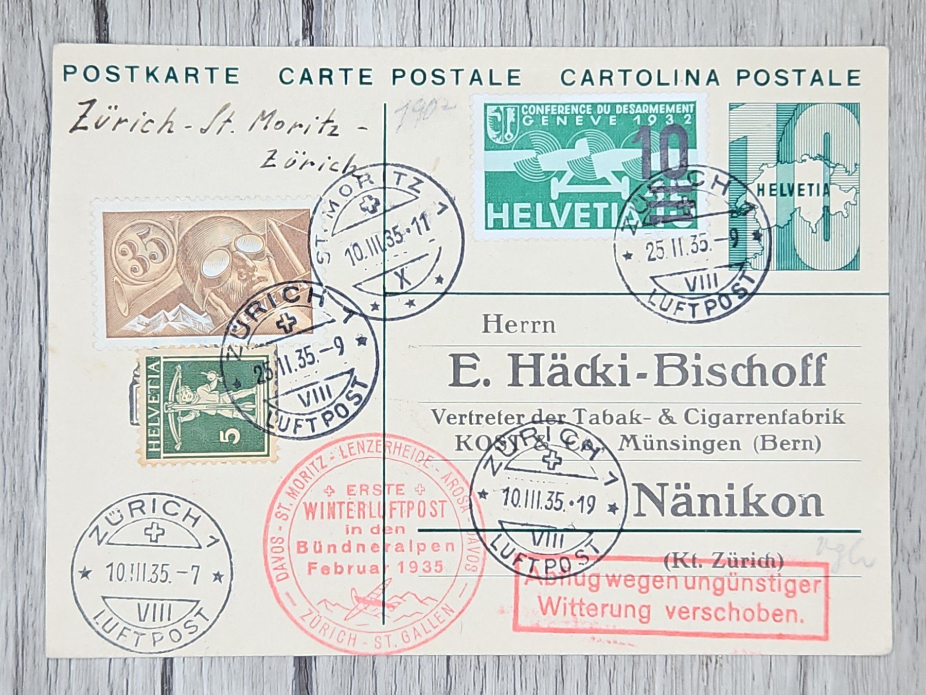Tutti i francobolli: CL13 Carte Postale  + Timbre Suisse 1935 – Usato da Cousset venduto da Patrick_Collections