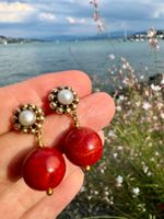 Beautiful Red Coral & Pearl Gold Plated Earrings