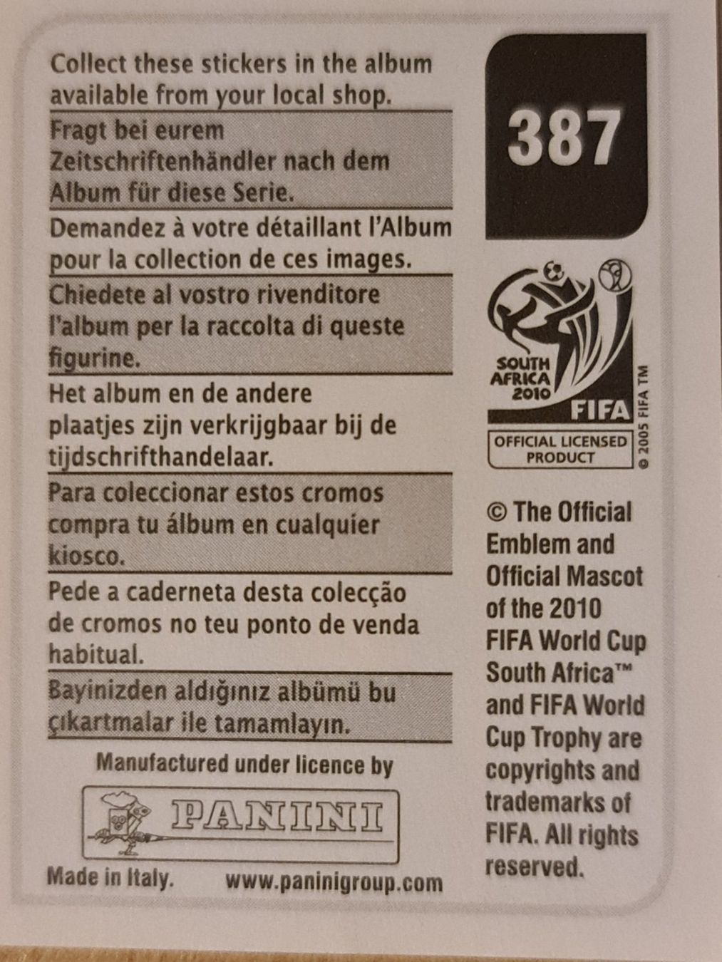 Panini Carte collezionabili: Panini WM 2010 Nr. 387 – Nuovo (secondo la descrizione) da Dintikon venduto da Prime-shop 1