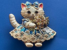 Luxus Elegante  Brosche Katze 🐈‍⬛ Farbe: Gold/ blau