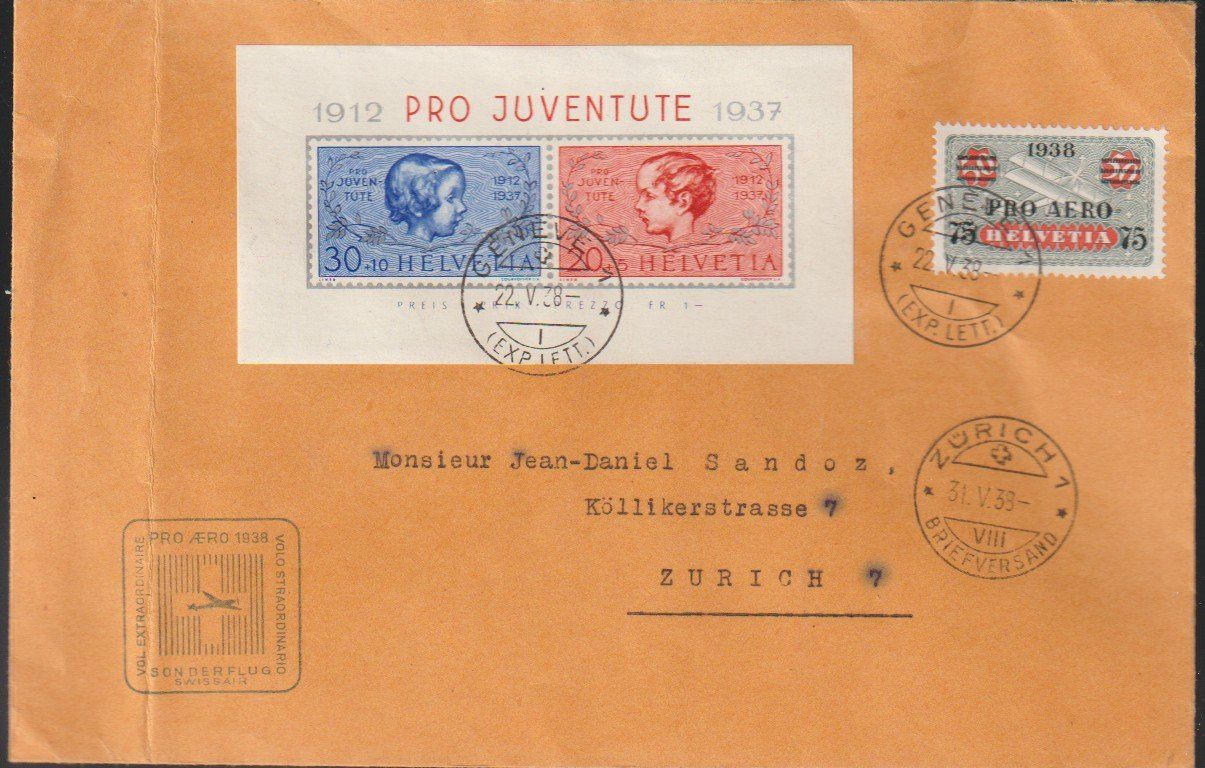 Tutti i francobolli: Luftpostbrief Pro Aero 1938 mit Pro Juventute Block – Usato da Biel/Bienne venduto da Destockweb